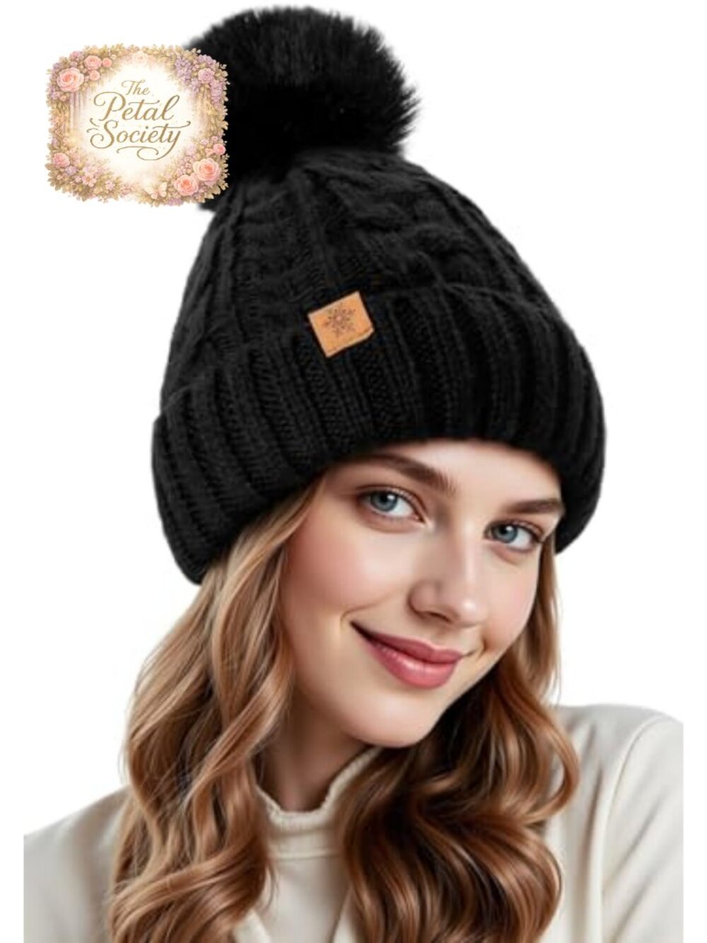 Fleece Lined Beanie Winter Hat Faux Fur Pom Women Warm Knit Cap
